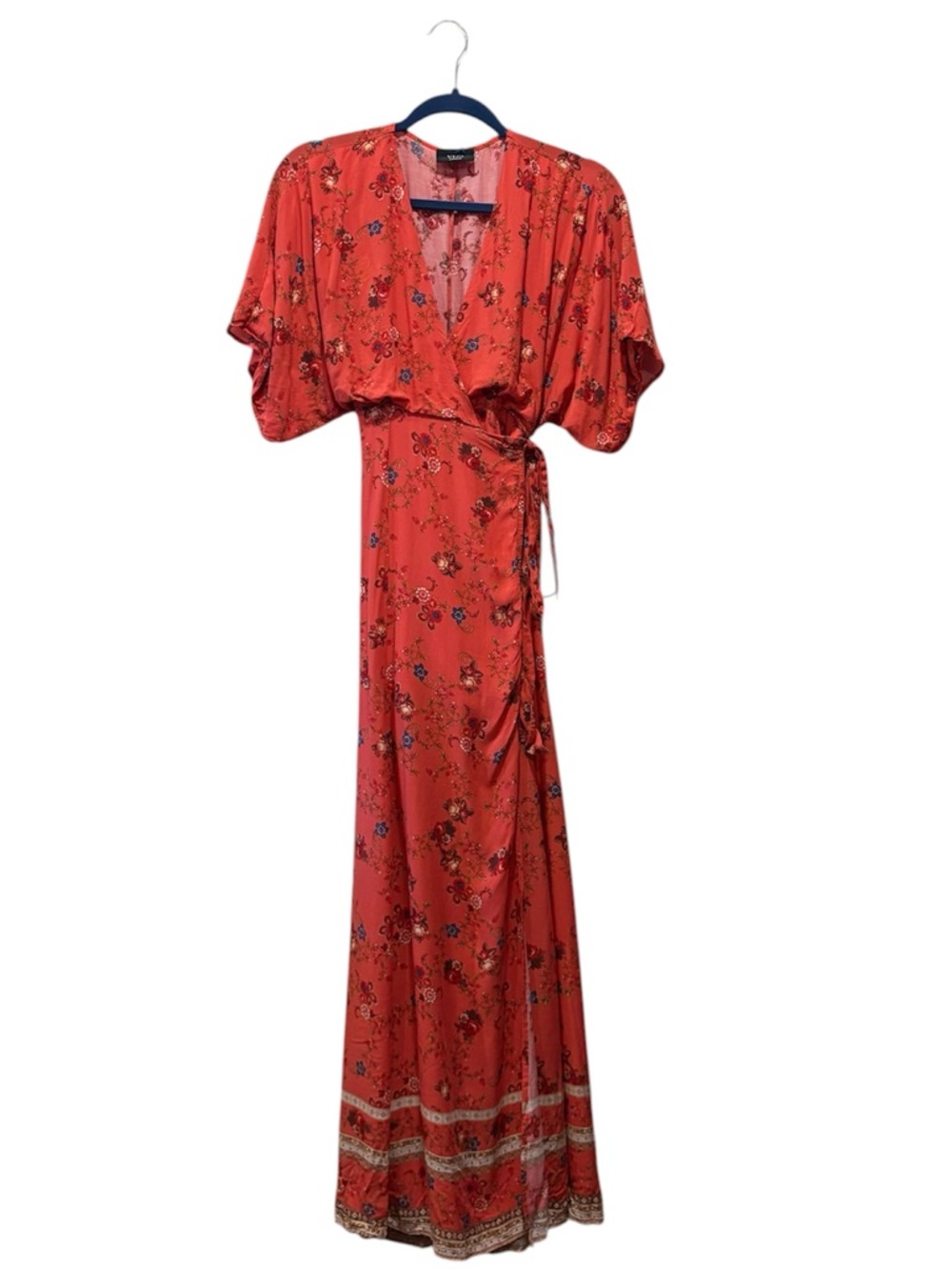 Vici Red Floral Wrap Maxi Dress with Flutter Sleeves